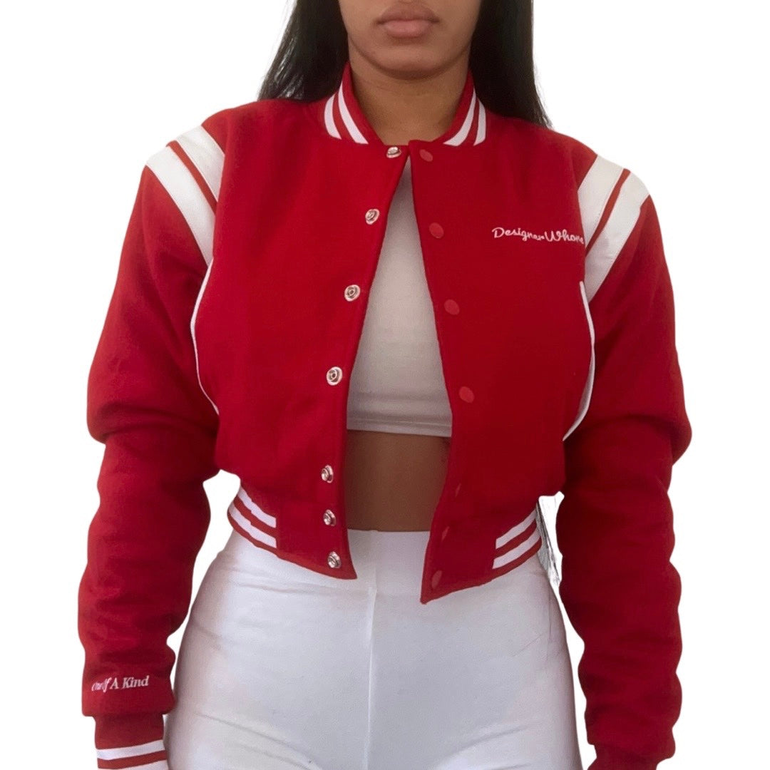 Red "One Of A Kind" Crop Varsity Jacket