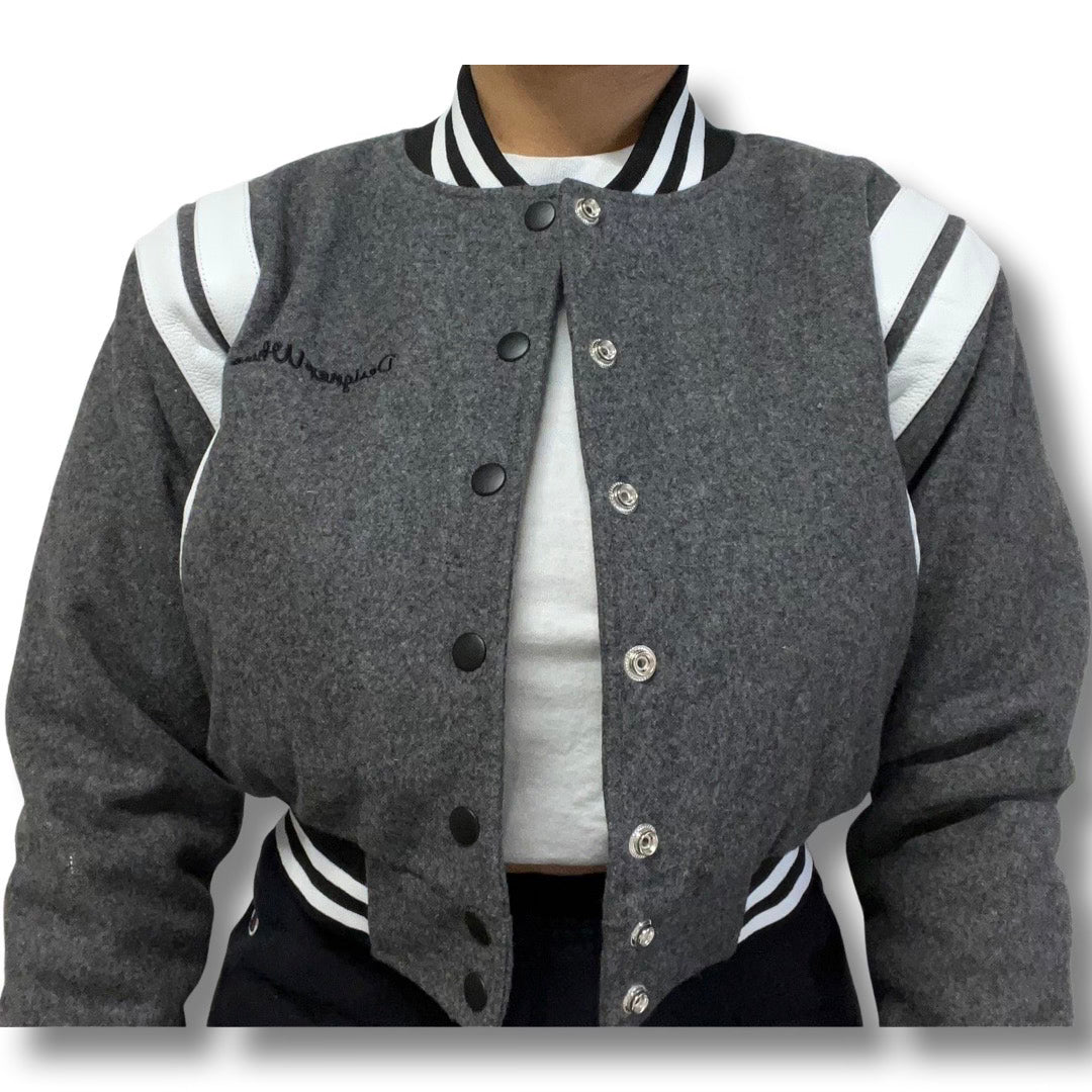 Grey “One Of A Kind“  Crop Varsity Jacket