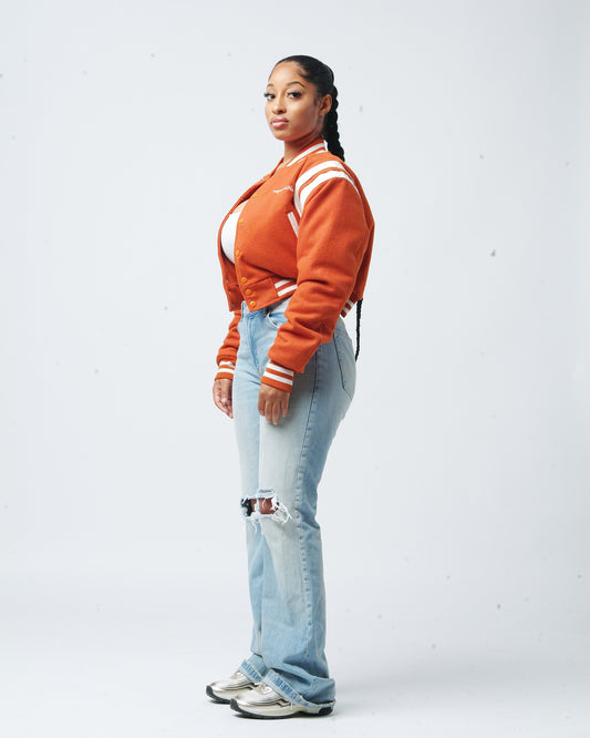 Burnt Orange "One of a Kind" Crop Varsity Jacket