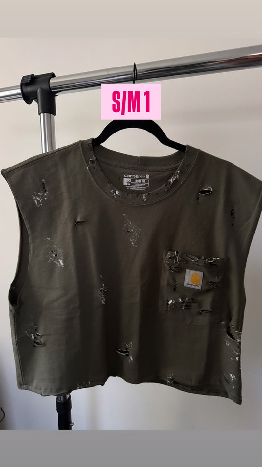 Green Carhartt| sleeveless Pocket Crop tee S/M 1