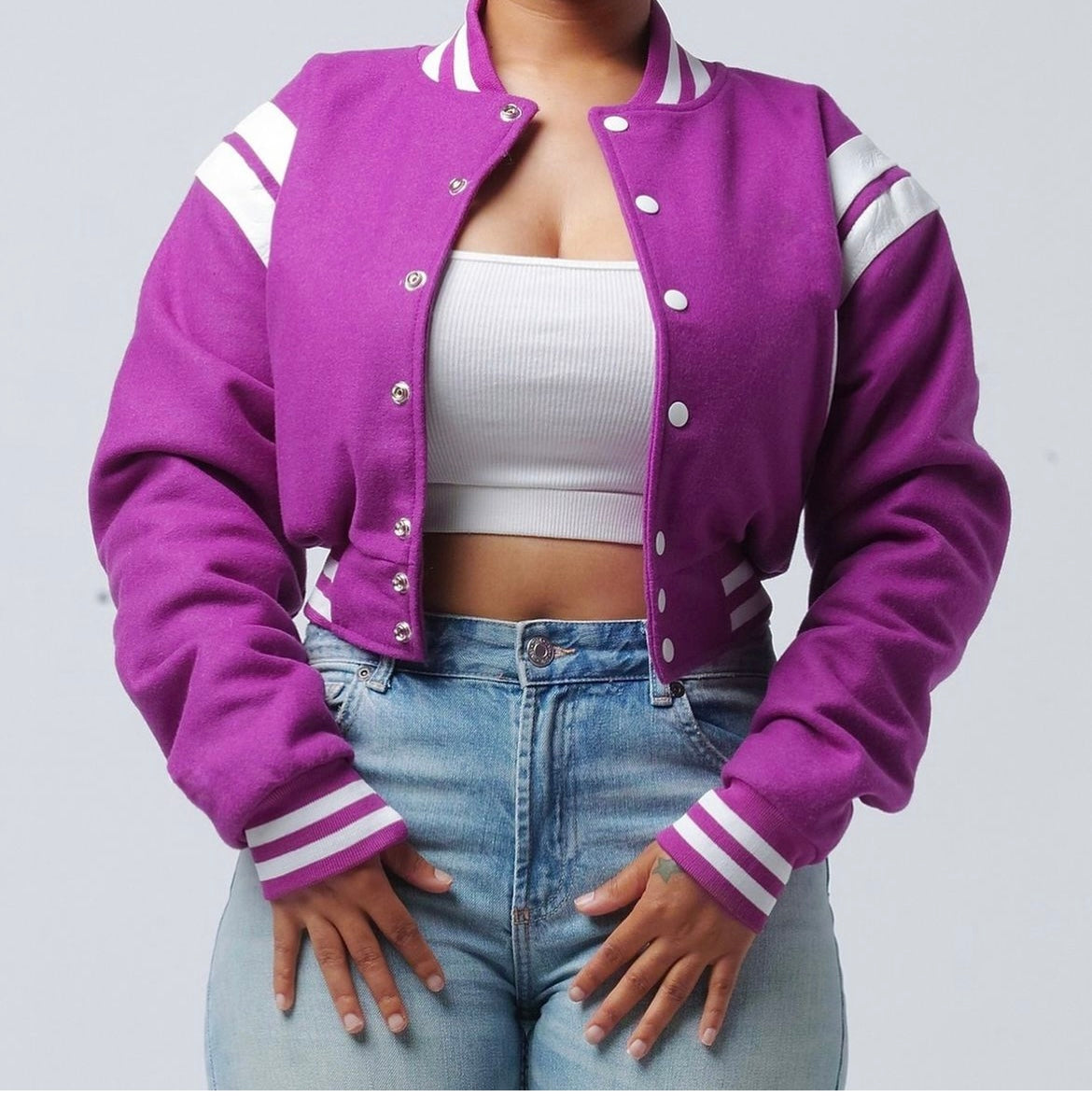 Purple "One of a Kind" Crop Varsity Jackets