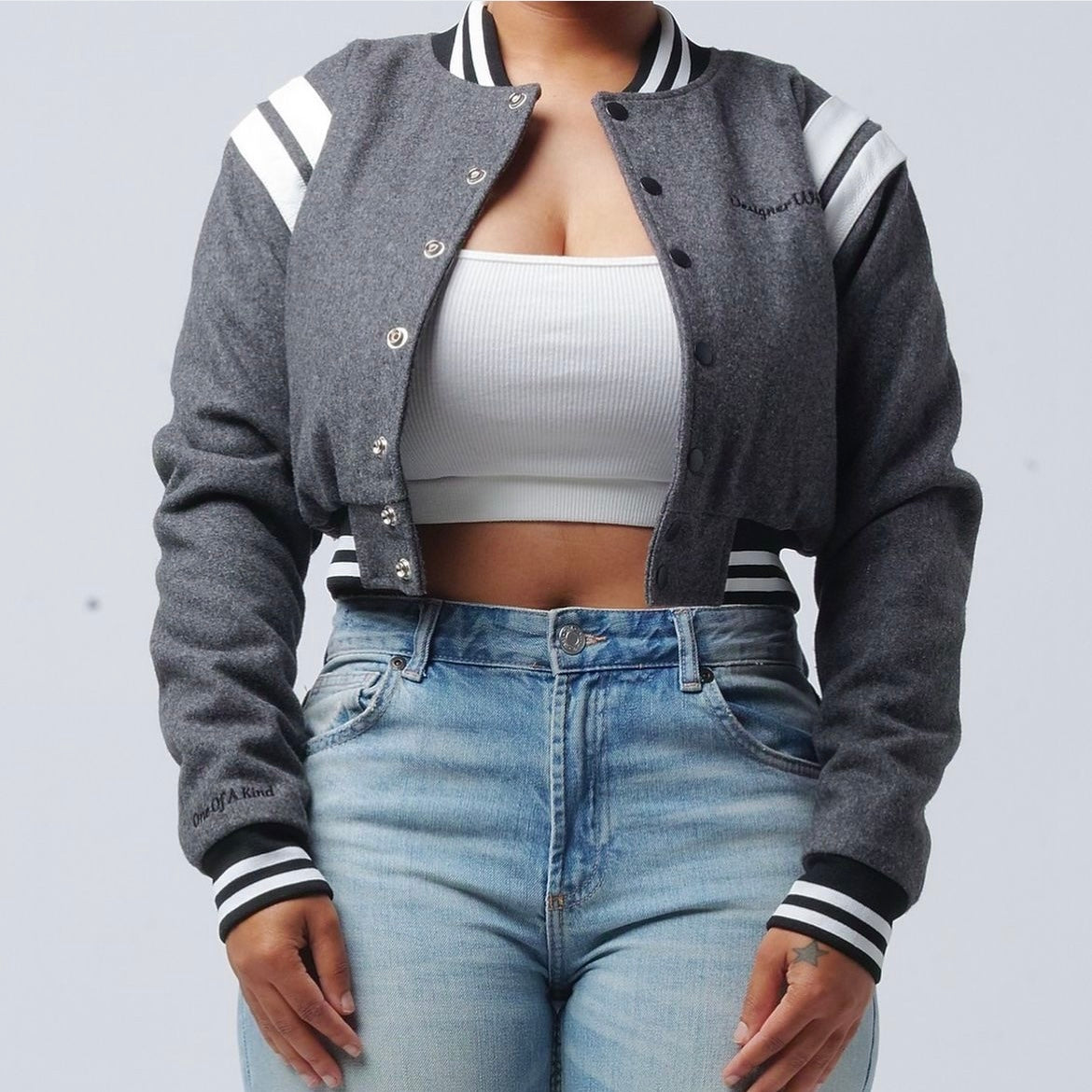 Grey “One Of A Kind“  Crop Varsity Jacket